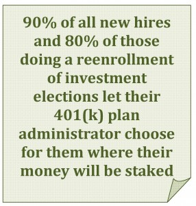 90% of all new hires and 80% of those doing a reenrollment of investment elections let their 401(k) plan administrator choose for them where their money will be staked