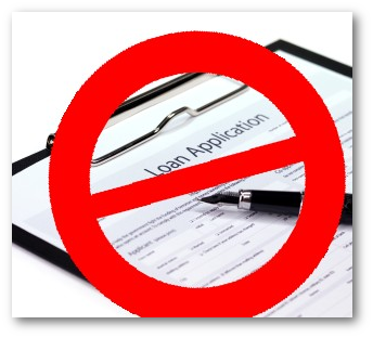Photo of a loan application, with a red circle and red diagonal crossbar (the symbol for “no entry” or “prohibited”) superimposed on top of the application. 