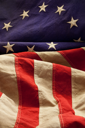 Grungy, Yellowed Betsy Ross Flag With Thirteen Stars and Stripes